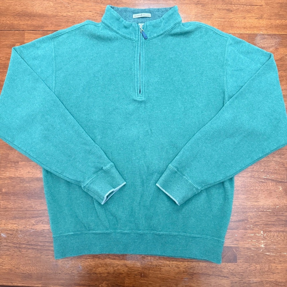 Peter Millar Melange Quarter Zip Pullover Sweater Men's Large Green 100%‎ Cotton